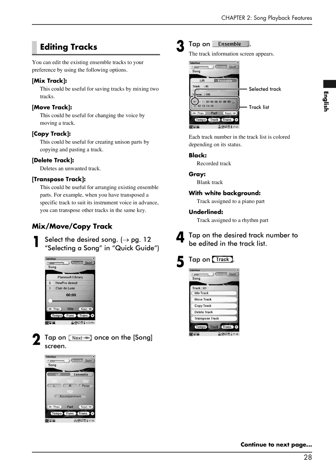 Yamaha piano manual Editing Tracks, Mix/Move/Copy Track, Tapscreen.on once on the Song 