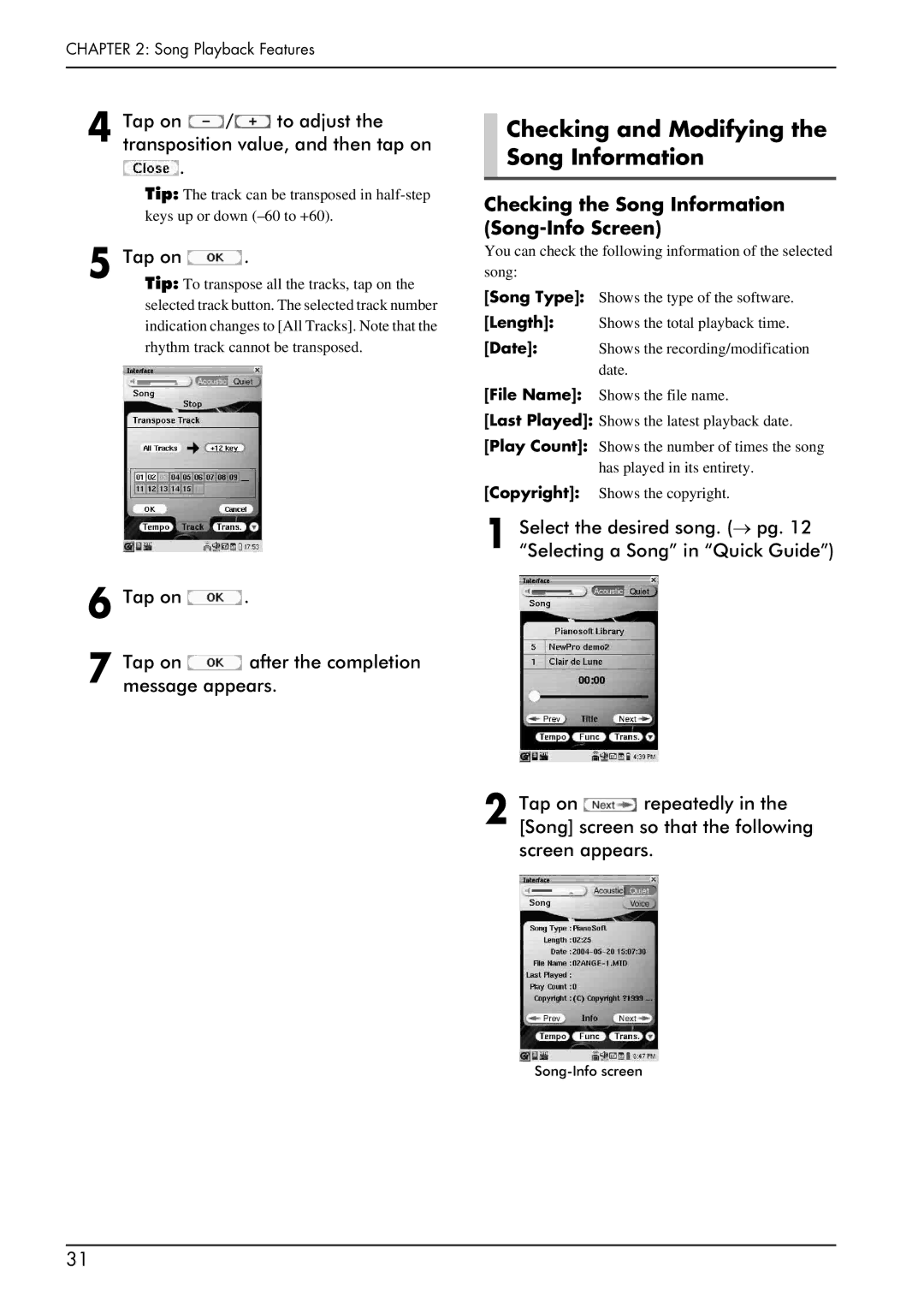 Yamaha piano Checking and Modifying the Song Information, Tap on / to adjust the transposition value, and then tap on 