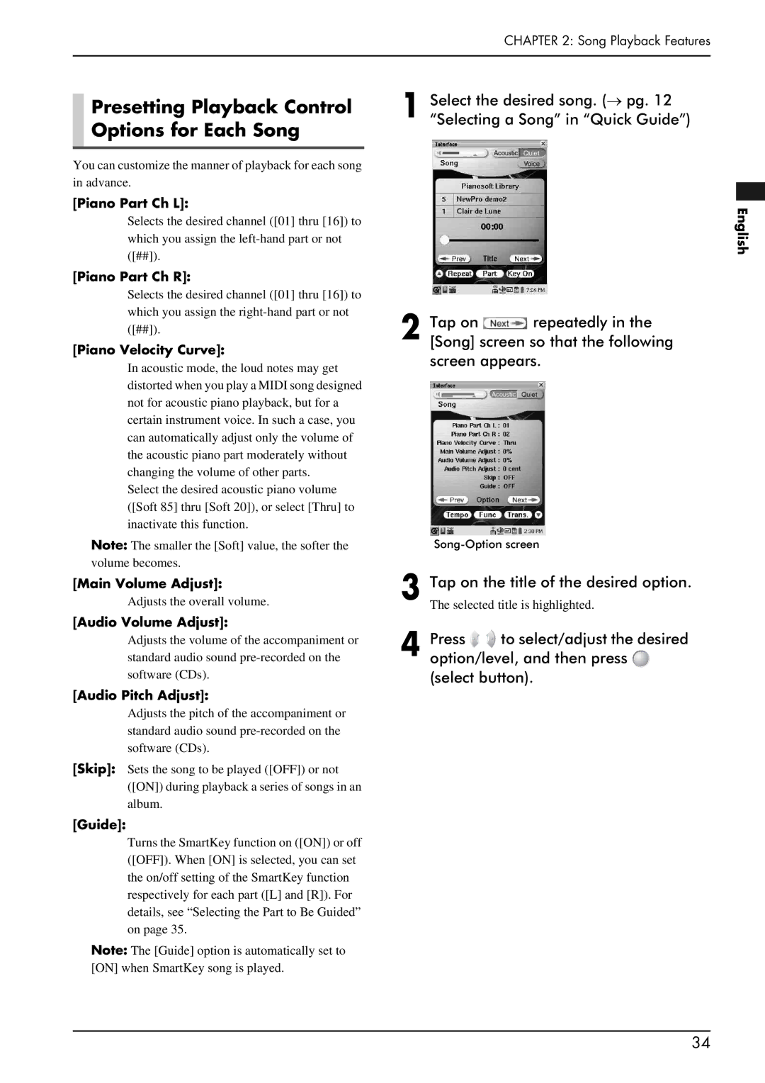 Yamaha piano manual Presetting Playback Control Options for Each Song, Tap on the title of the desired option 