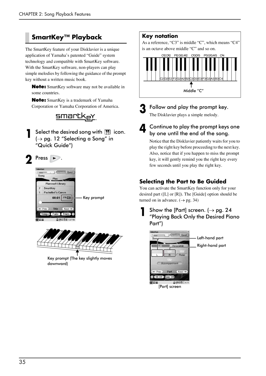 Yamaha piano manual SmartKey Playback, Key notation, Follow and play the prompt key, Selecting the Part to Be Guided 