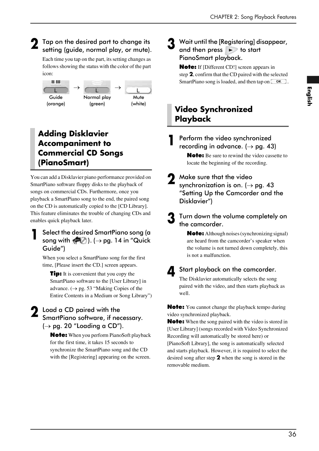 Yamaha piano manual Video Synchronized Playback, English 