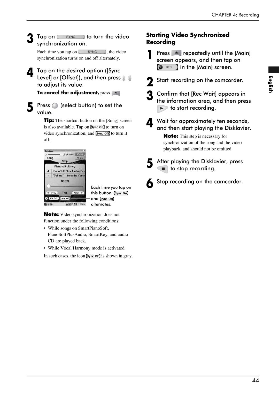 Yamaha piano manual Tap on to turn the video synchronization on, Pressvalue. select button to set 