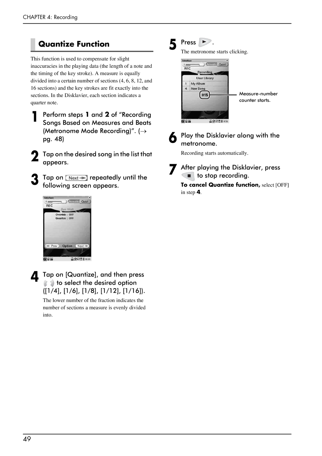 Yamaha piano manual Quantize Function, To cancel Quantize function, select OFF 