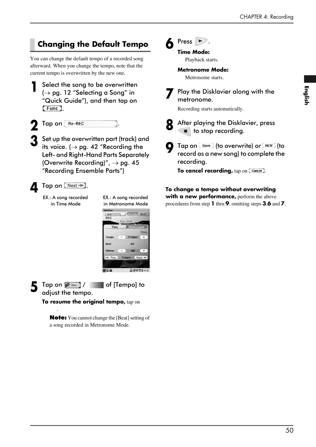 Yamaha piano manual Changing the Default Tempo, Tap on / of Tempo to adjust the tempo, Time Mode, Metronome Mode 