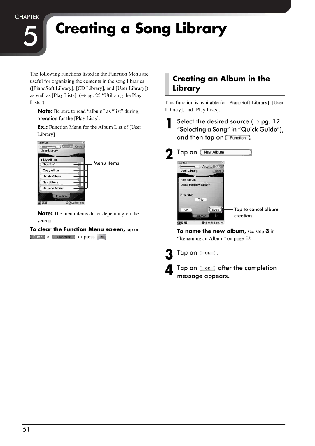 Yamaha piano manual Creating a Song Library, Creating an Album in the Library, To clear the Function Menu screen, tap on 