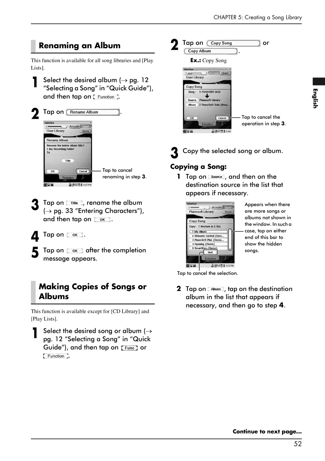 Yamaha piano manual Renaming an Album, Making Copies of Songs or Albums, Copy the selected song or album, Copying a Song 