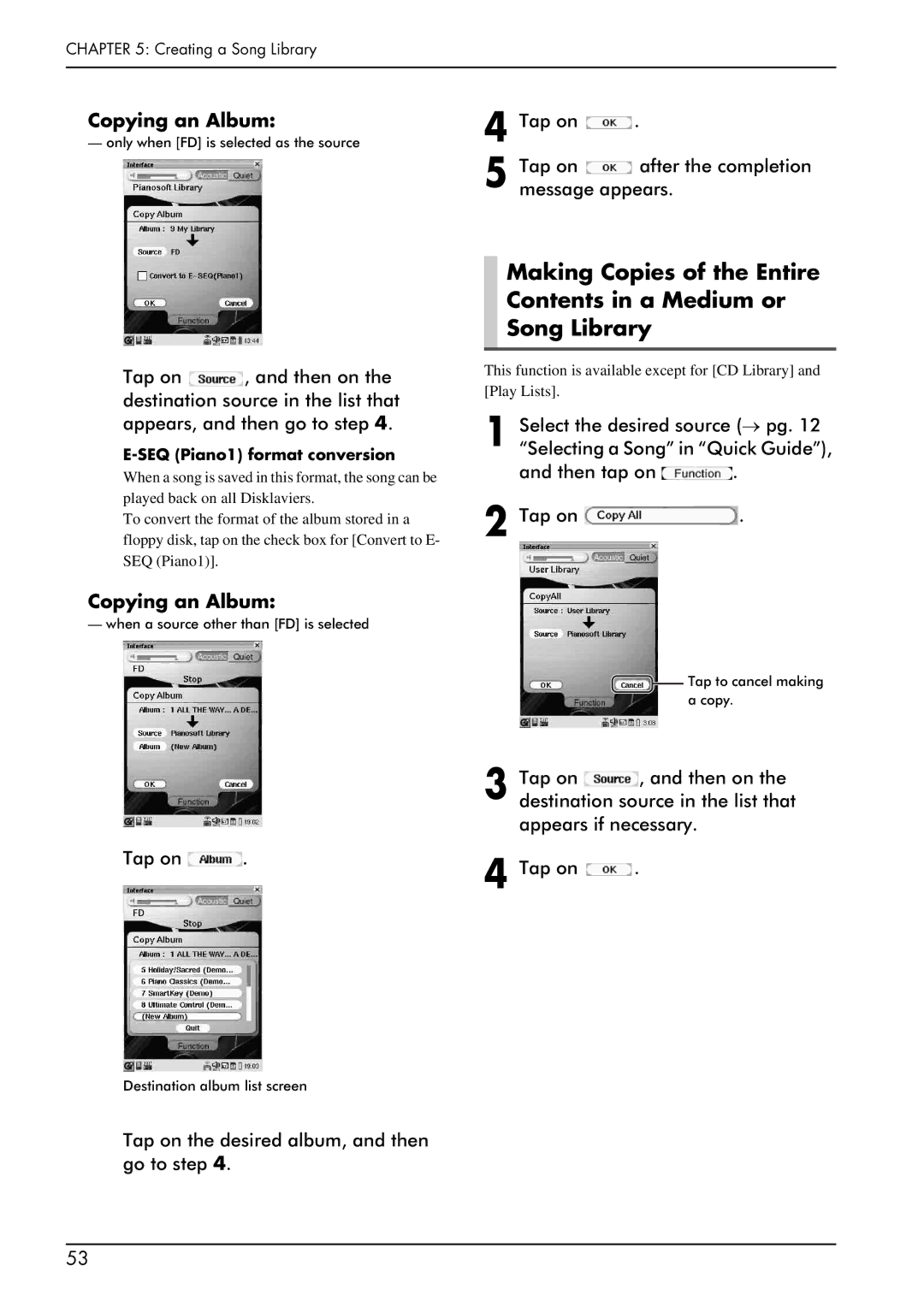 Yamaha piano manual Copying an Album, SEQ Piano1 format conversion 