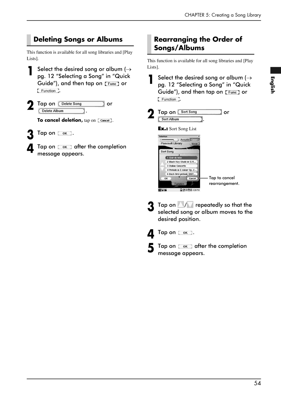 Yamaha piano manual Deleting Songs or Albums, Rearranging the Order of Songs/Albums, To cancel deletion, tap on 