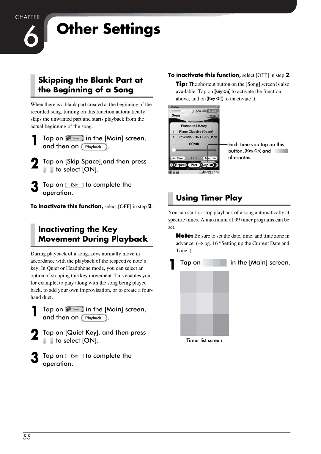 Yamaha piano manual Other Settings, Skipping the Blank Part at the Beginning of a Song, Using Timer Play 