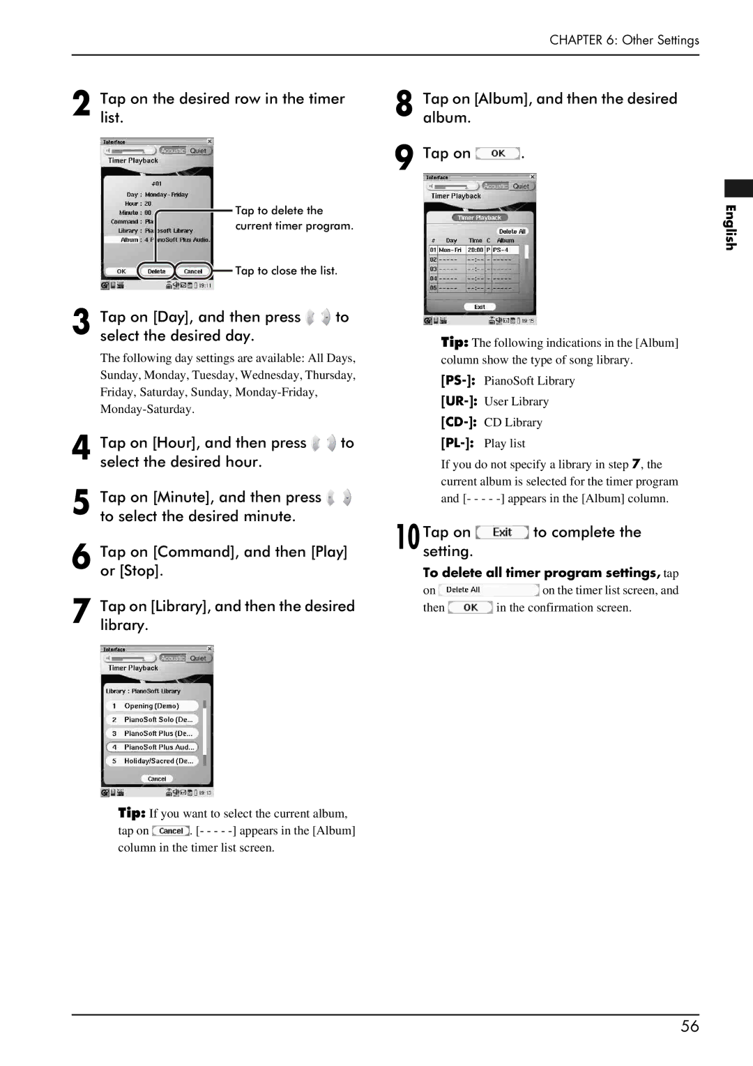 Yamaha piano manual Taplist. on the desired row in the timer, Tap on Day, and then press to select the desired day 