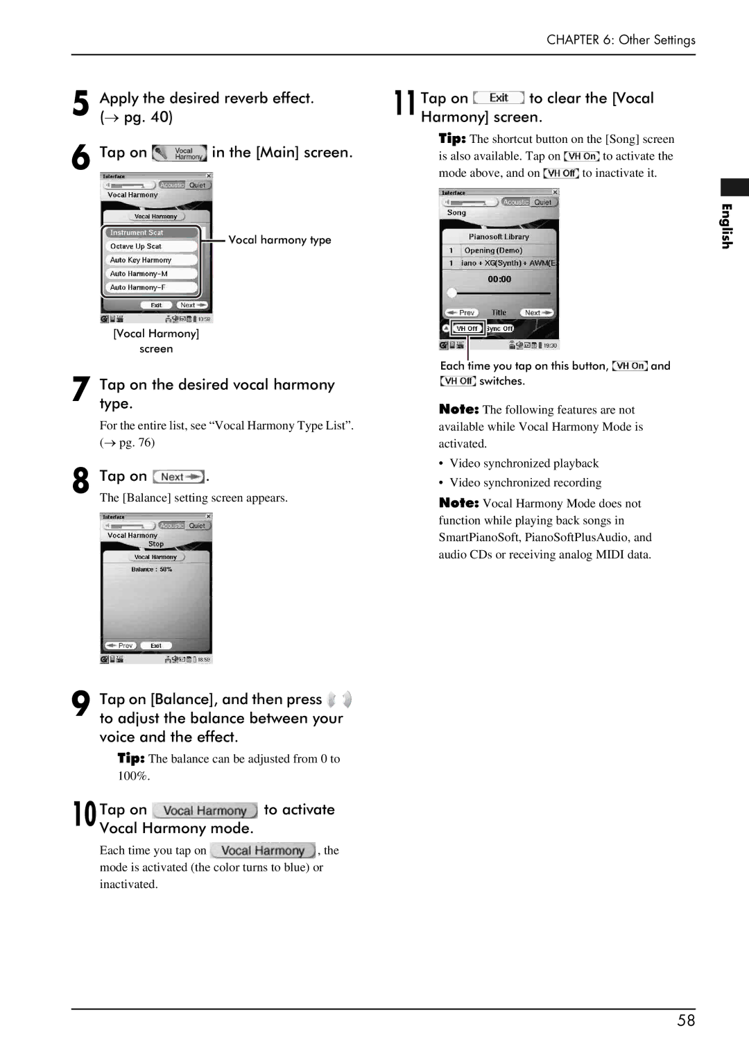 Yamaha piano manual Taptype.on the desired vocal harmony, 10Tap on to activate Vocal Harmony mode 