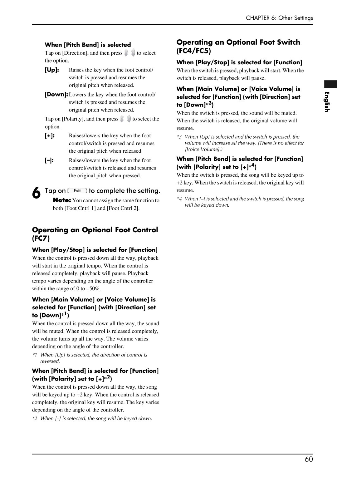 Yamaha piano manual Tap on to complete the setting, Operating an Optional Foot Switch FC4/FC5, When Pitch Bend is selected 