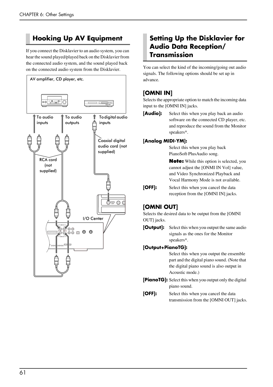 Yamaha piano manual Hooking Up AV Equipment, Analog MIDI-YM, Output+PianoTG 