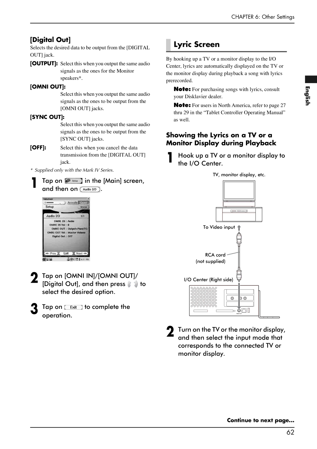 Yamaha piano manual Lyric Screen, Digital Out, Hook up a TV or a monitor display to the I/O Center 