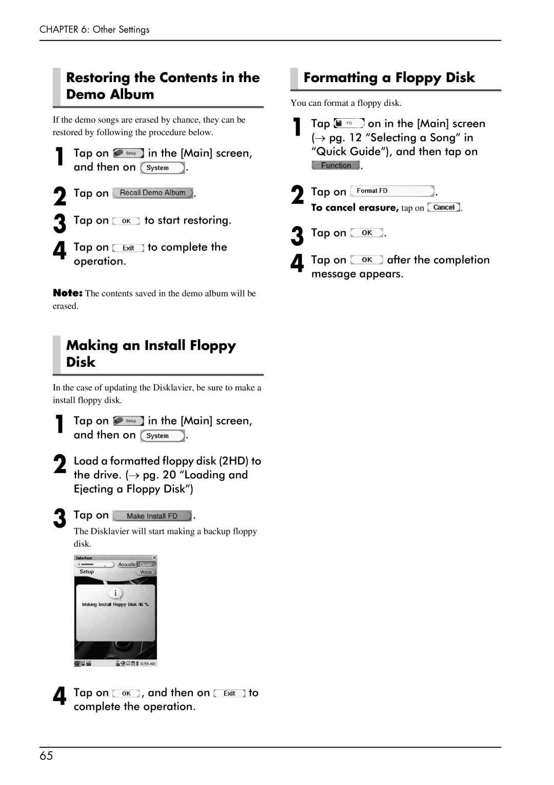 Yamaha piano manual Restoring the Contents in the Demo Album, Making an Install Floppy Disk, Formatting a Floppy Disk 