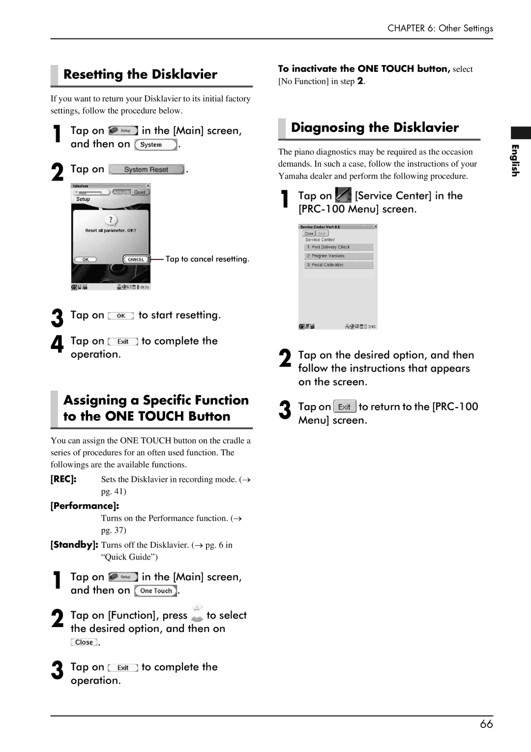 Yamaha piano Resetting the Disklavier, Assigning a Specific Function to the ONE Touch Button, Diagnosing the Disklavier 