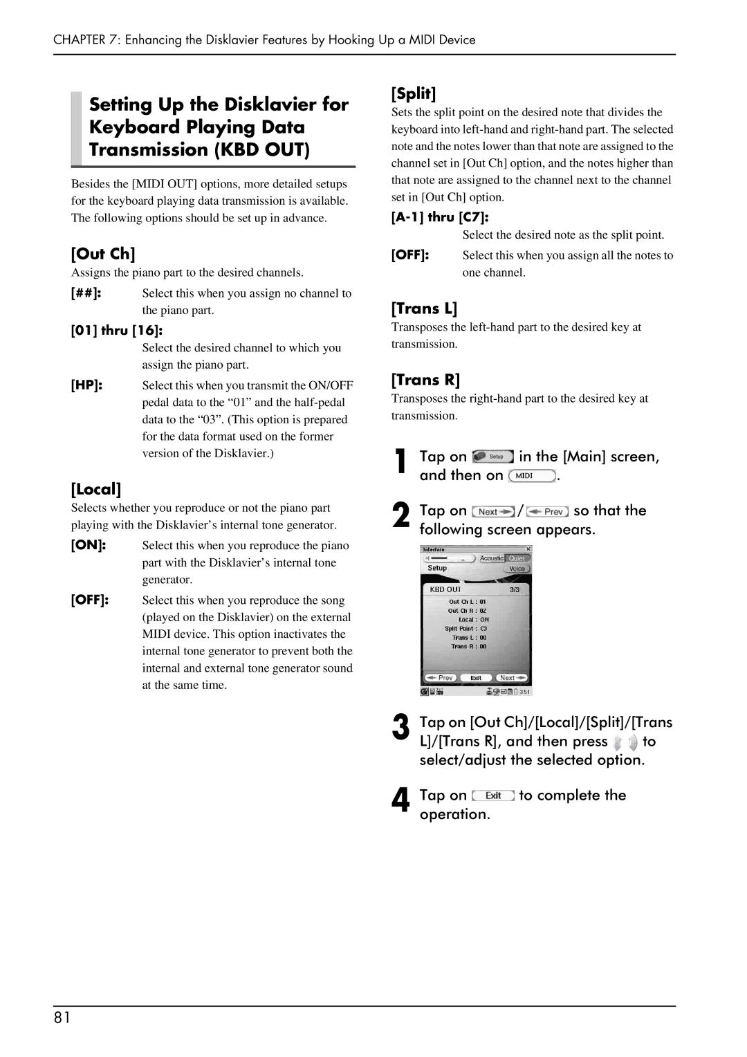 Yamaha piano manual Out Ch, Local, Split, Trans L, Trans R 