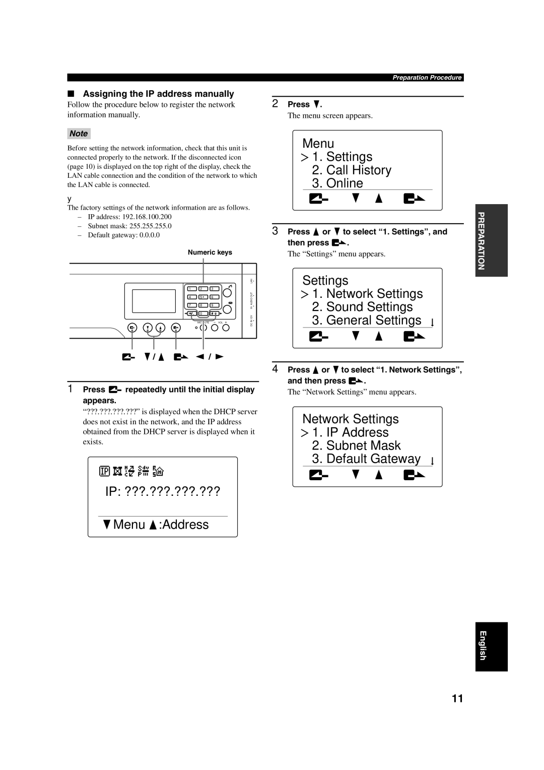 Yamaha PJP-100H IP ???.???.???.??? Menu Address, Menu Settings Call History Online, Assigning the IP address manually 