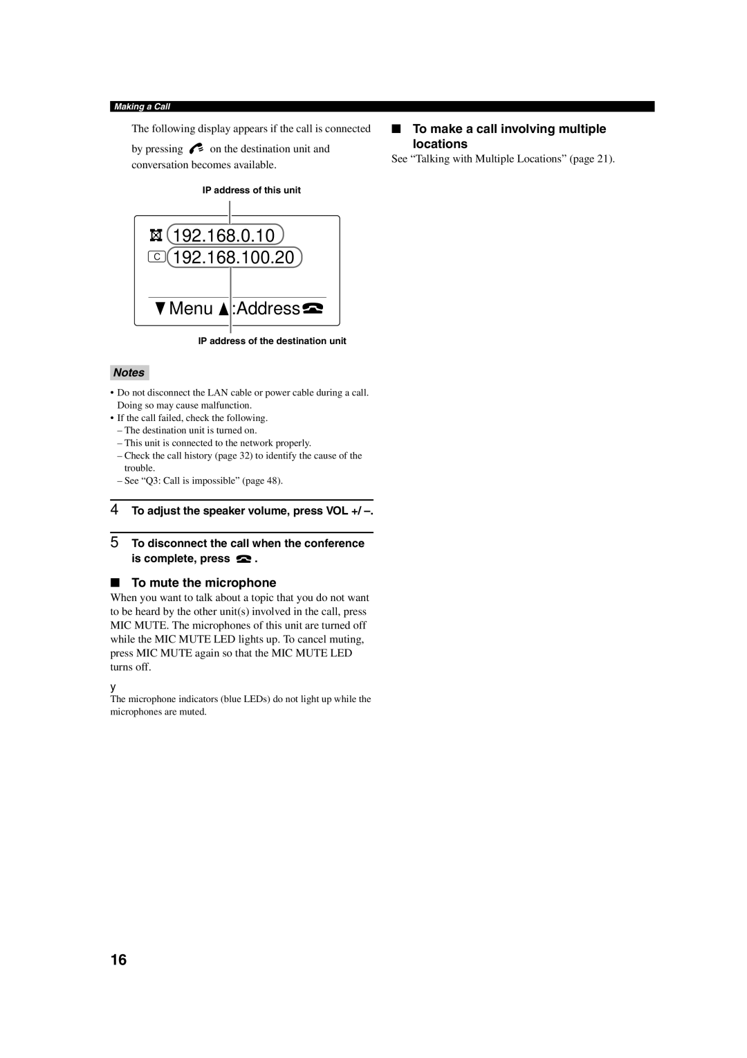 Yamaha PJP-100H owner manual 192.168.0.10, To make a call involving multiple Locations, To mute the microphone 