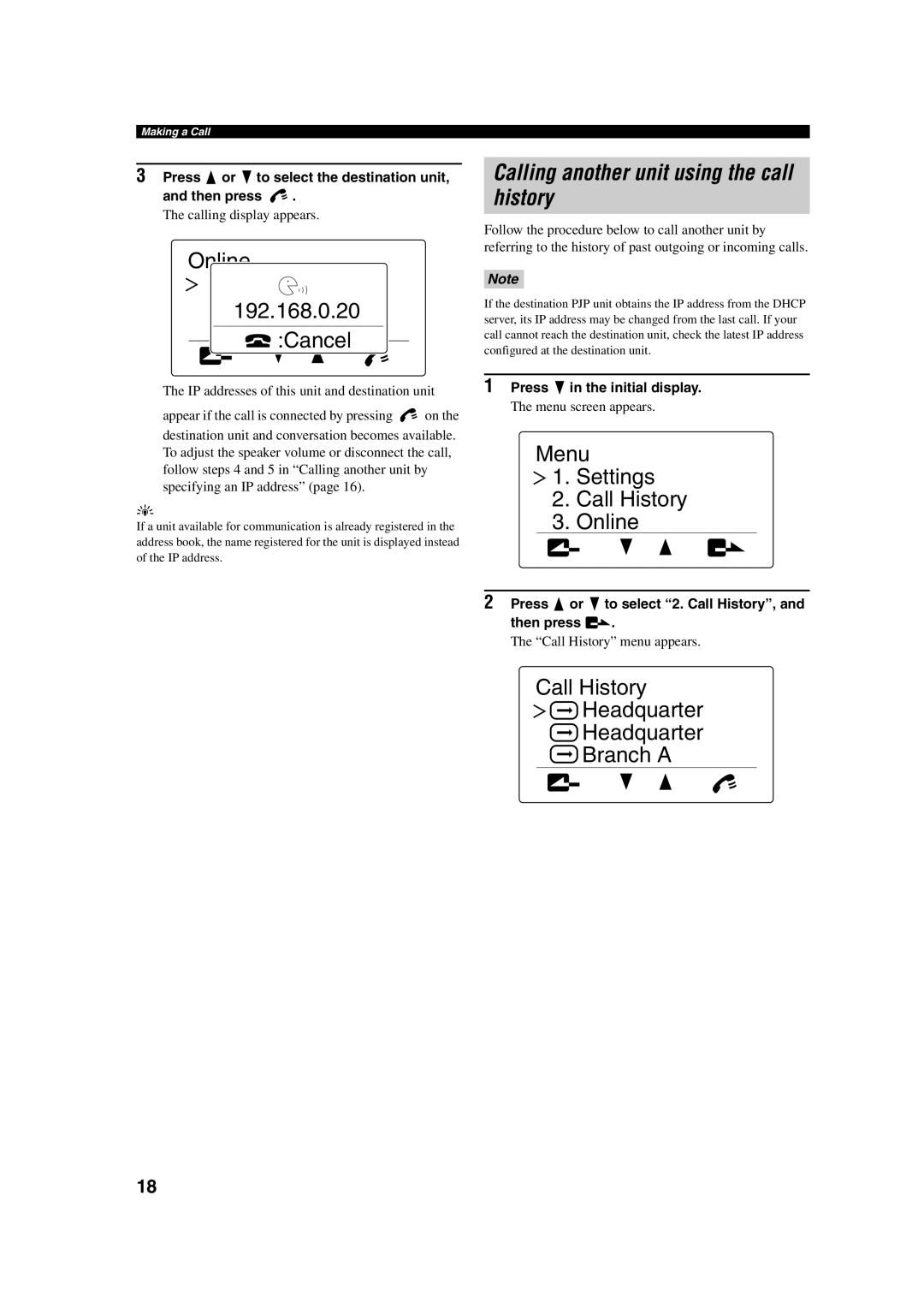 Yamaha PJP-100H Online 192.168.0.20 Cancel, Calling another unit using the call history, Call History Headquarter Branch a 