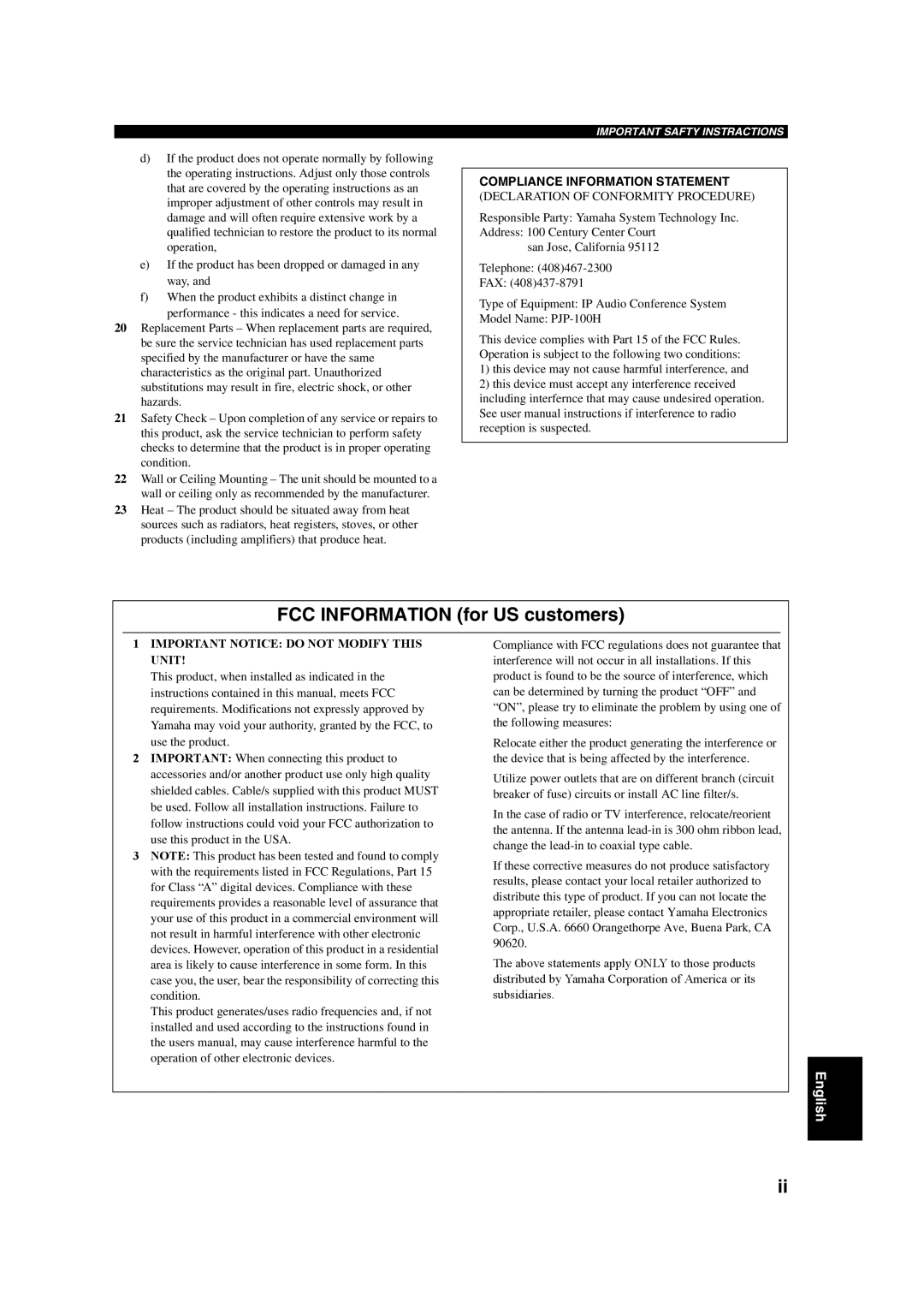 Yamaha PJP-100H owner manual FCC Information for US customers 