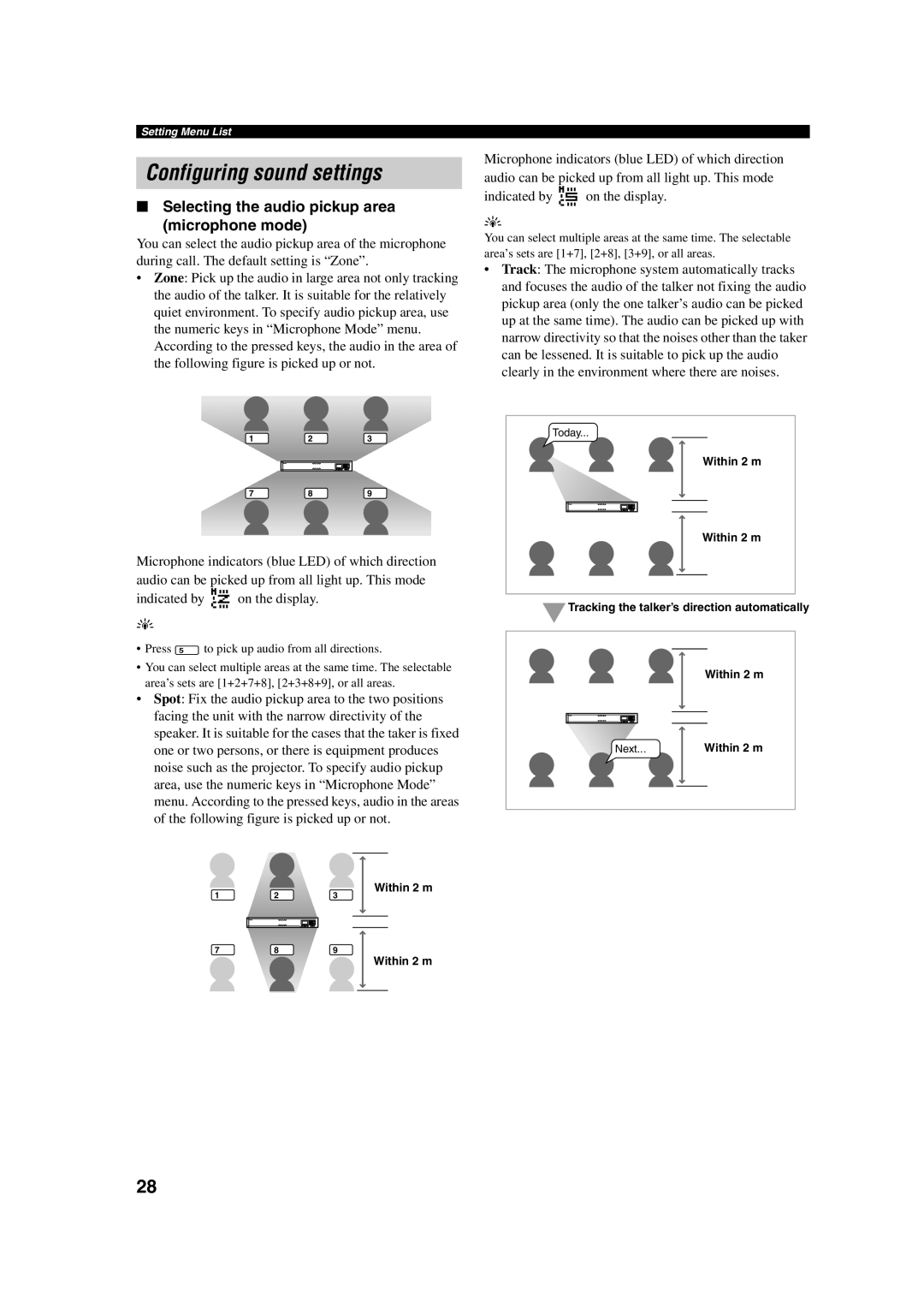 Yamaha PJP-100H owner manual Configuring sound settings, Selecting the audio pickup area Microphone mode 