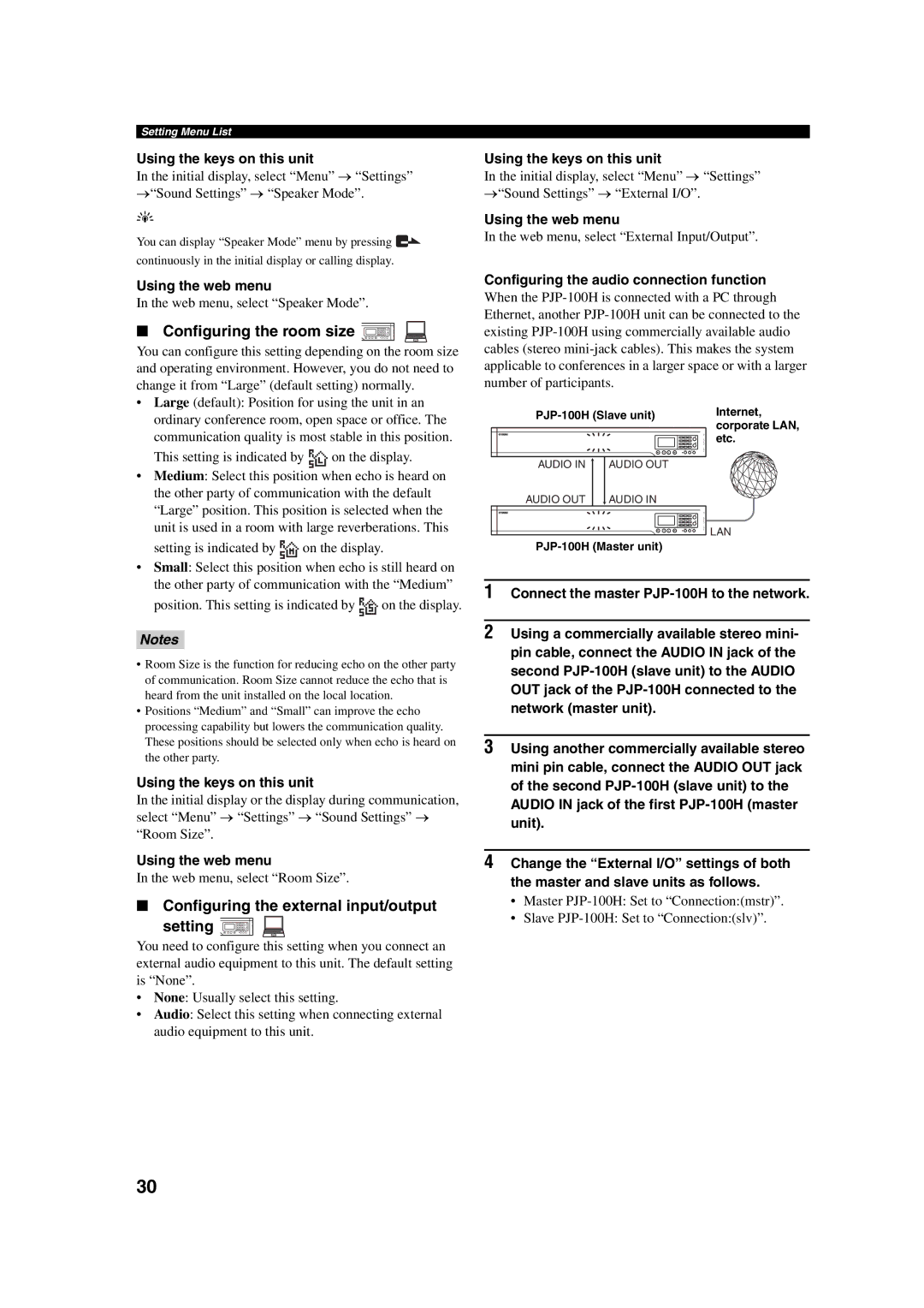 Yamaha PJP-100H owner manual Configuring the room size, Configuring the external input/output Setting 