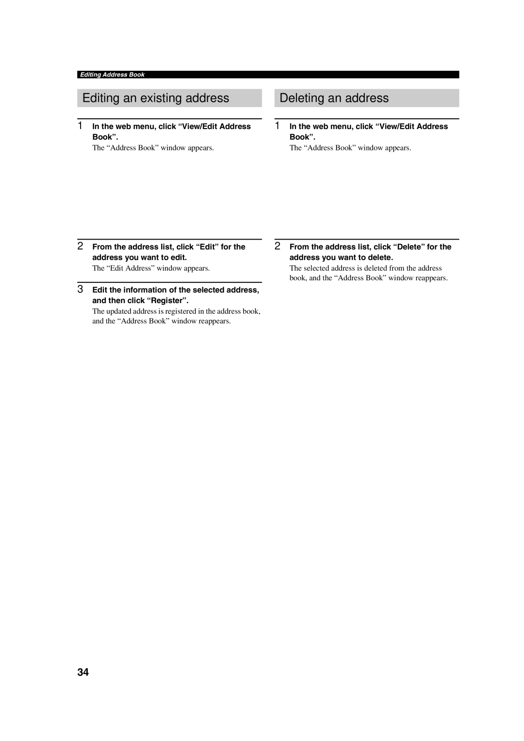 Yamaha PJP-100H owner manual Editing an existing address Deleting an address 