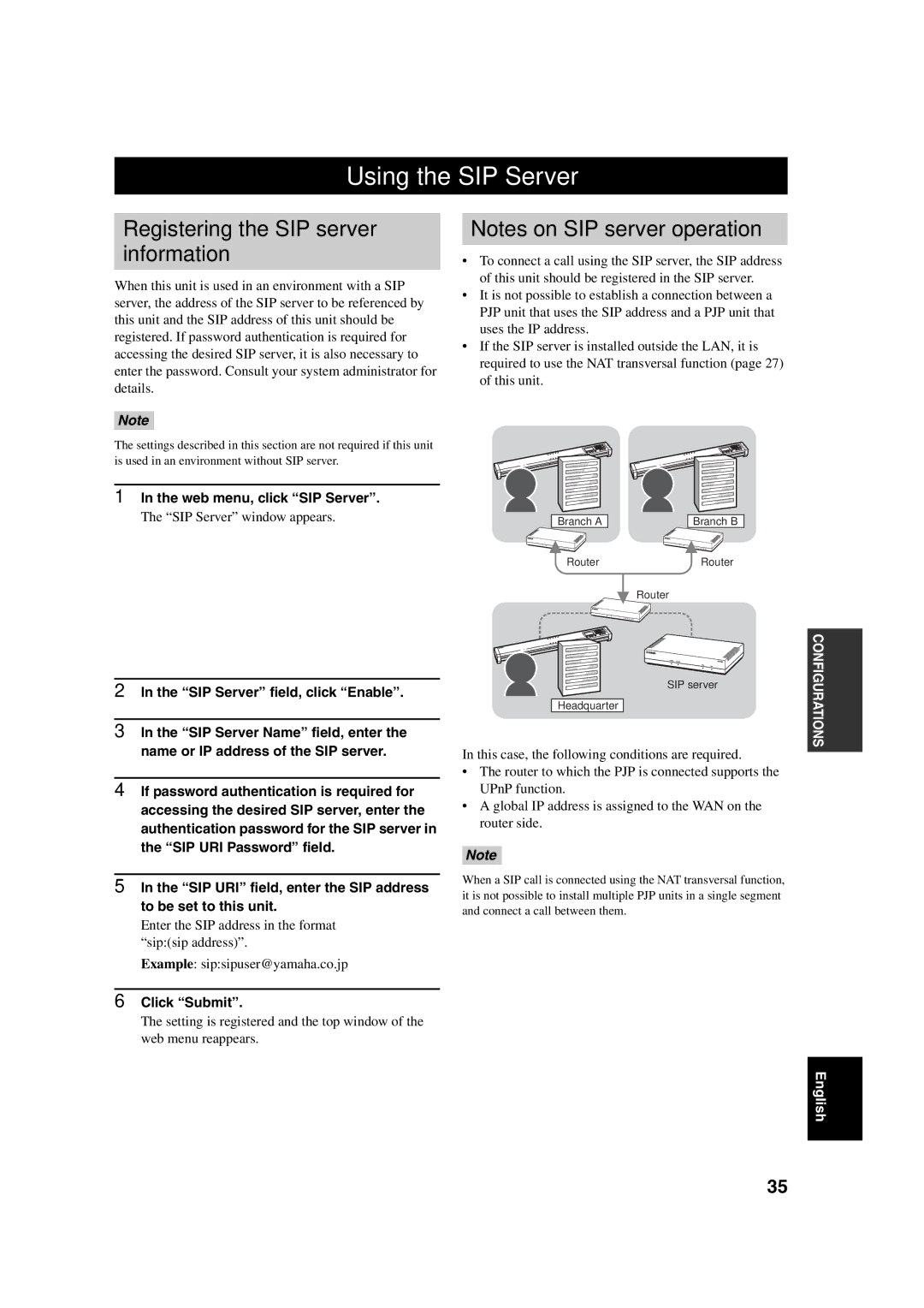 Yamaha PJP-100H Using the SIP Server, Registering the SIP server information, Web menu, click SIP Server, Click Submit 