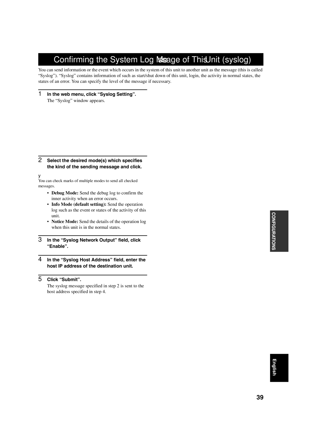 Yamaha PJP-100H owner manual Confirming the System Log Message of This Unit syslog, Web menu, click Syslog Setting 