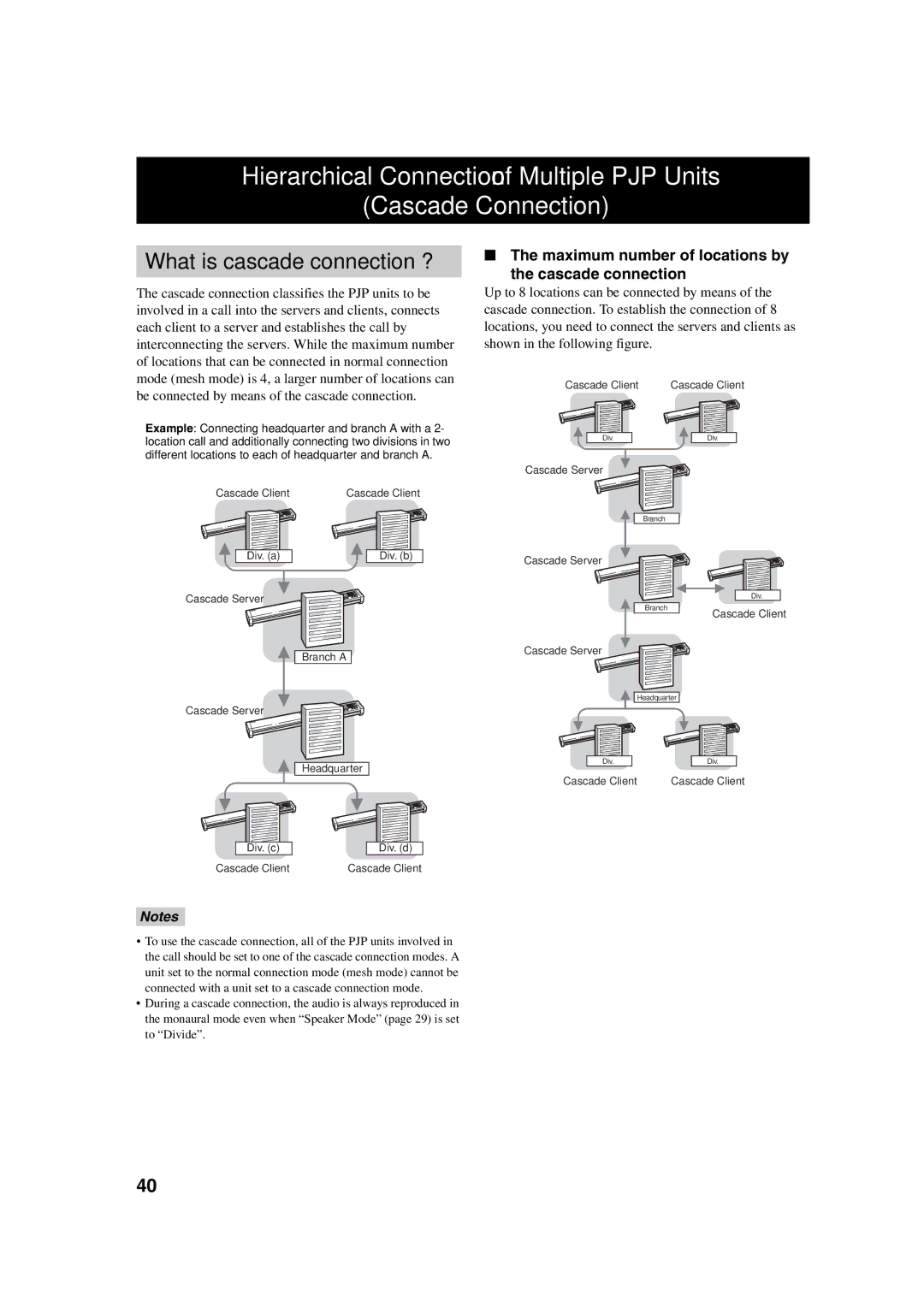 Yamaha PJP-100H owner manual What is cascade connection ?, Maximum number of locations by Cascade connection 