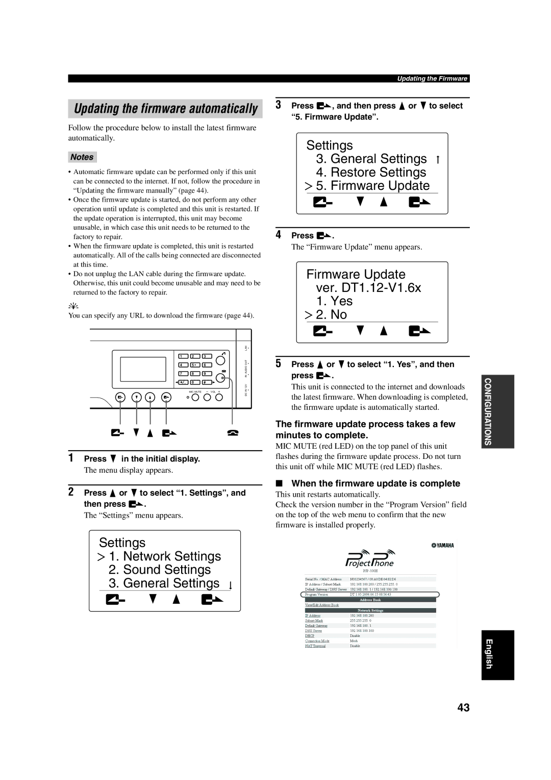 Yamaha PJP-100H Settings General Settings Restore Settings Firmware Update, Firmware Update ver. DT1.12-V1.6x Yes 2. No 