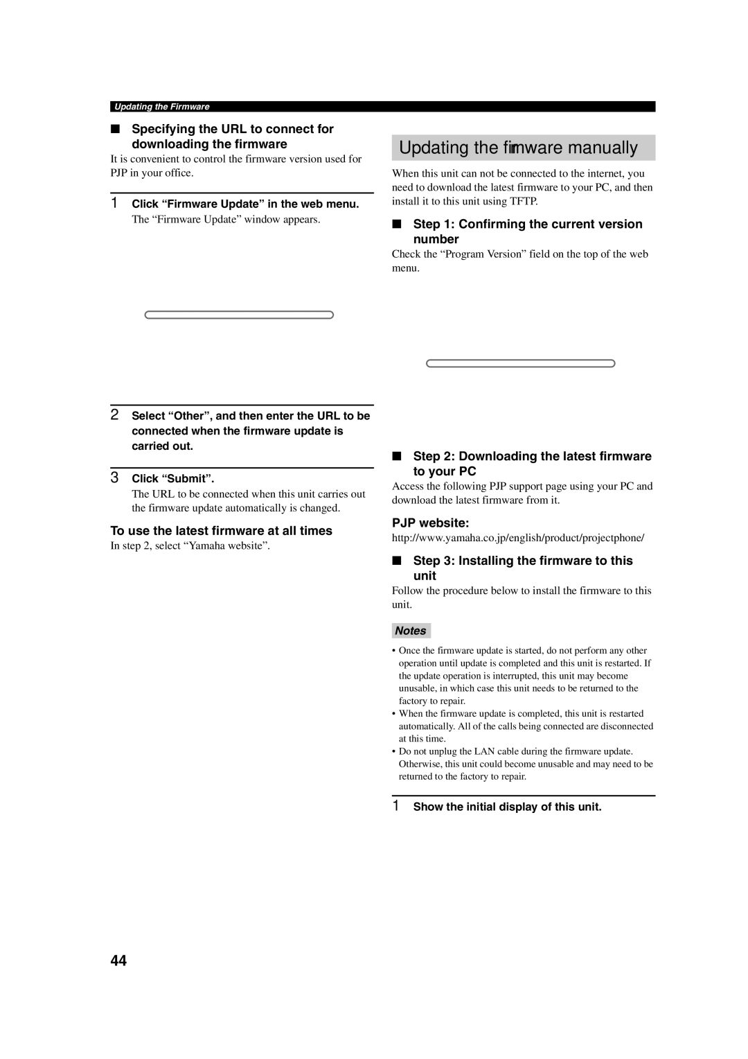 Yamaha PJP-100H owner manual Updating the firmware manually 