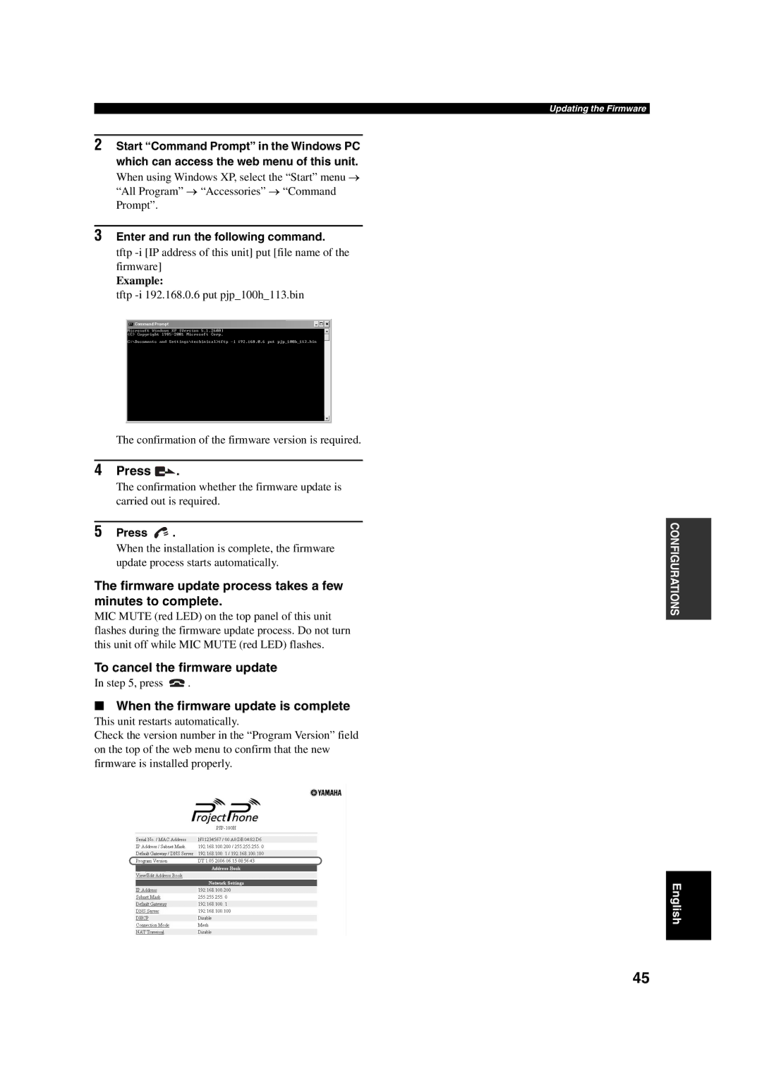 Yamaha PJP-100H owner manual Press, To cancel the firmware update 