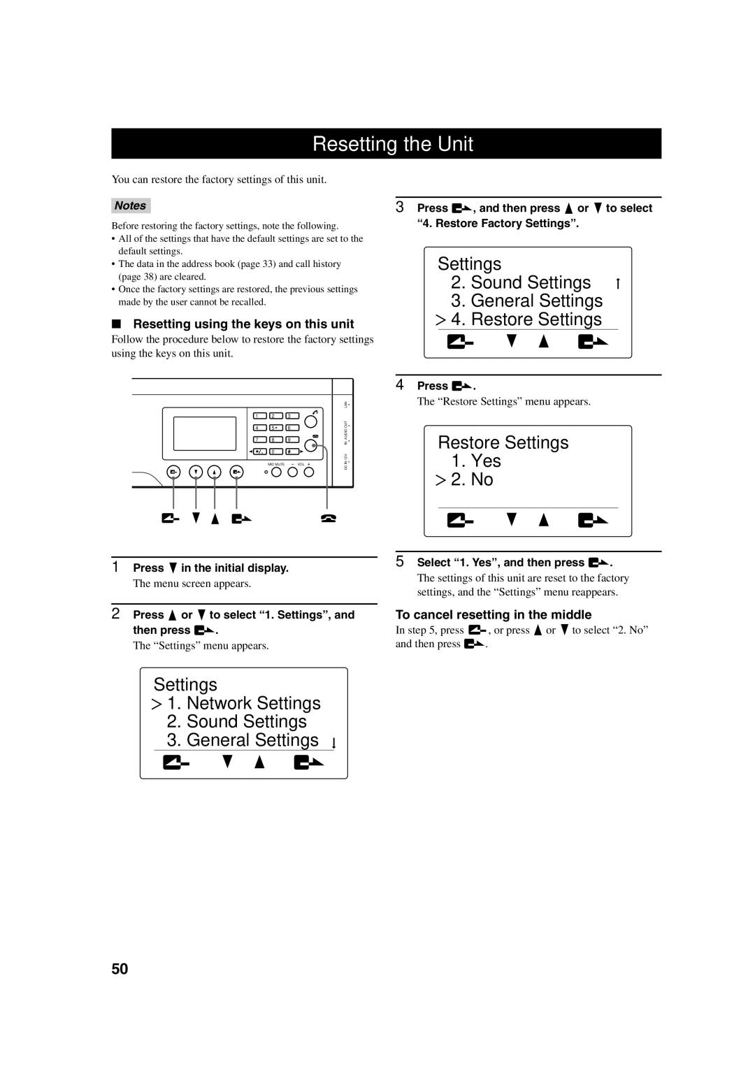 Yamaha PJP-100H owner manual Resetting the Unit, Restore Settings Yes 2. No, Resetting using the keys on this unit 