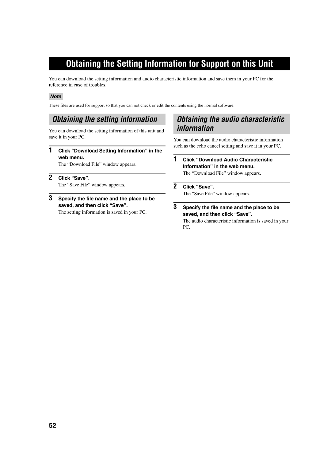 Yamaha PJP-100H Obtaining the Setting Information for Support on this Unit, Obtaining the audio characteristic information 