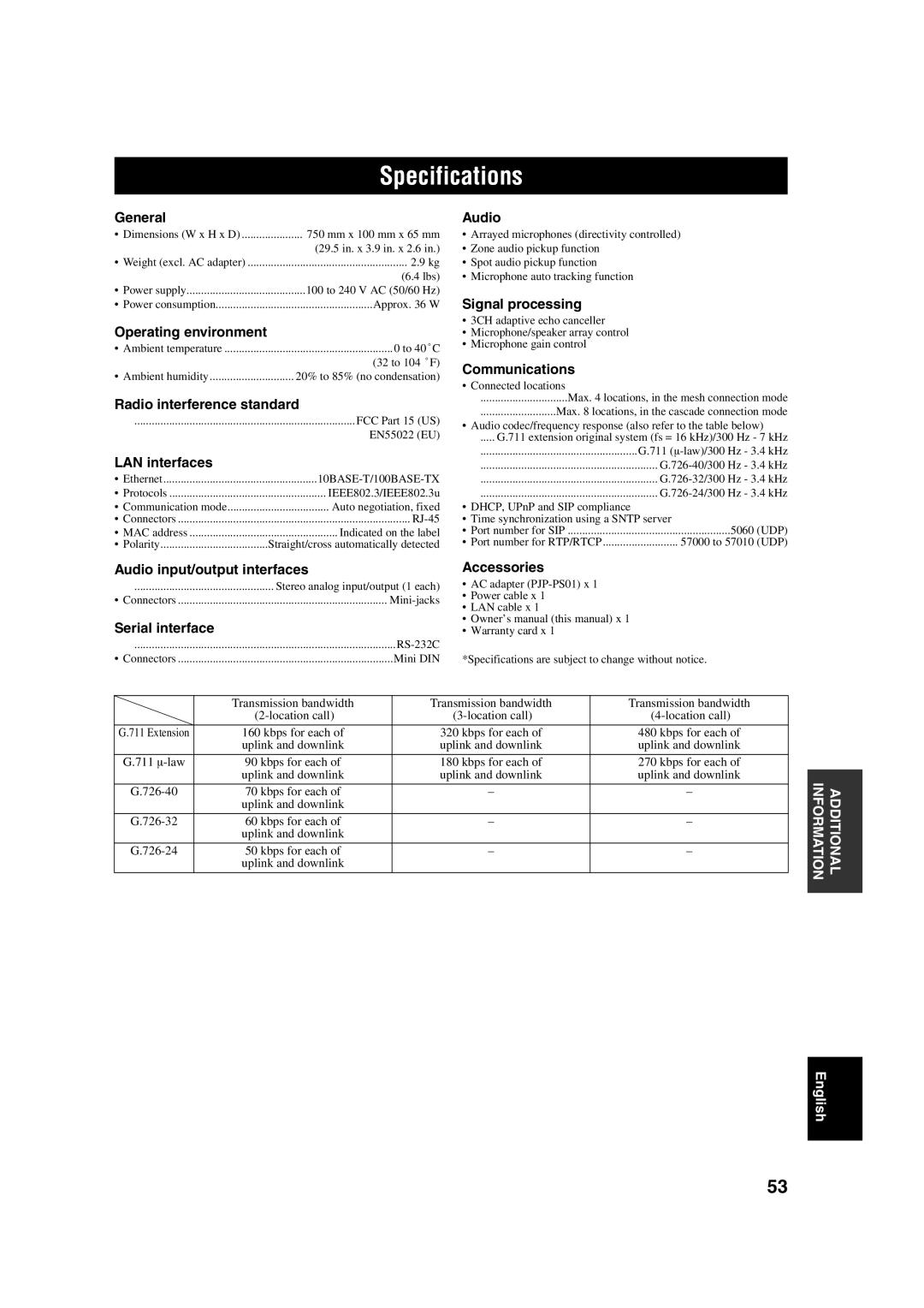 Yamaha PJP-100H owner manual Specifications 