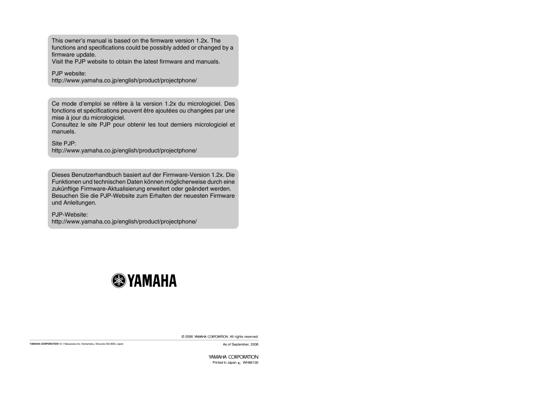 Yamaha PJP-100H owner manual All rights reserved 