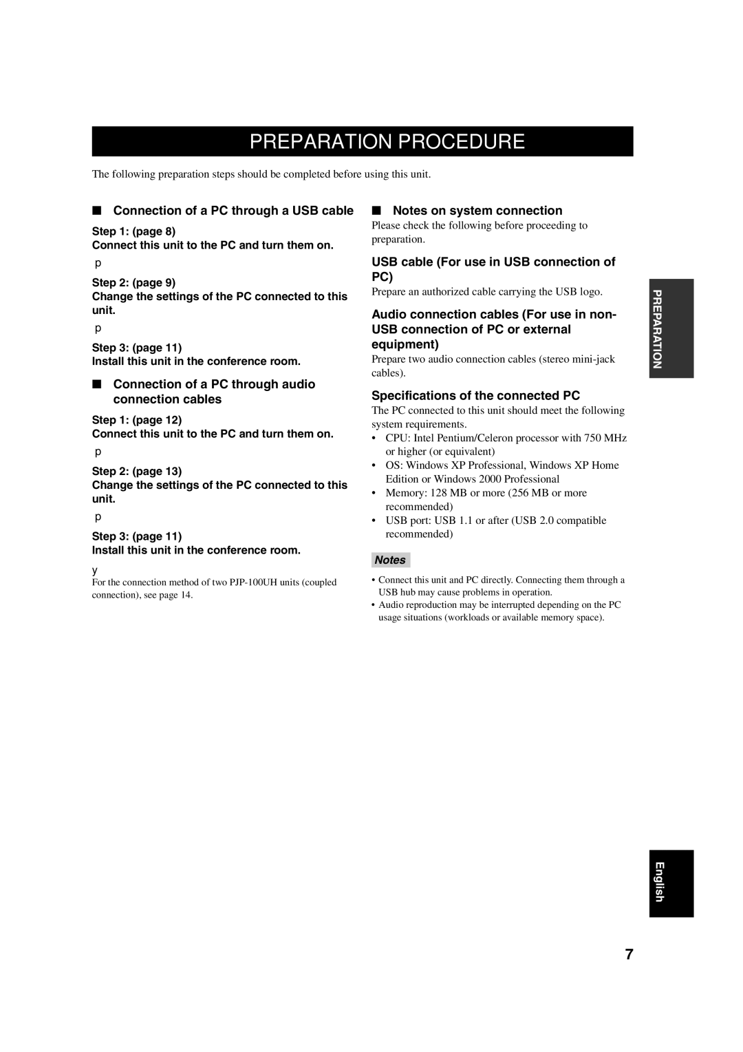 Yamaha PJP-100UH Preparation Procedure, Connection of a PC through a USB cable, USB cable For use in USB connection of PC 