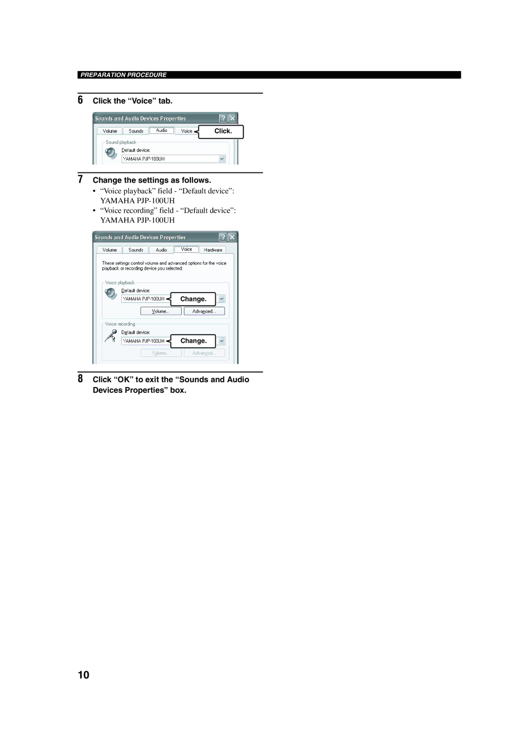 Yamaha PJP-100UH owner manual Click the Voice tab, Click OK to exit the Sounds and Audio Devices Properties box 