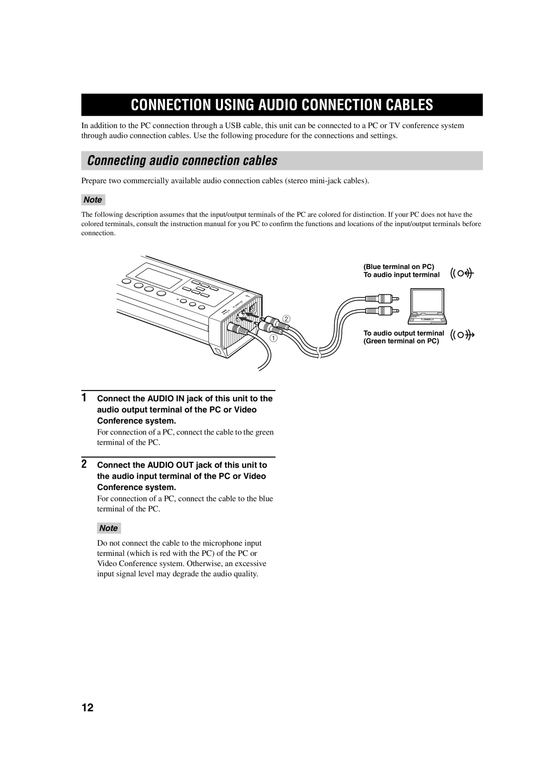 Yamaha PJP-100UH owner manual Connection Using Audio Connection Cables, Connecting audio connection cables 