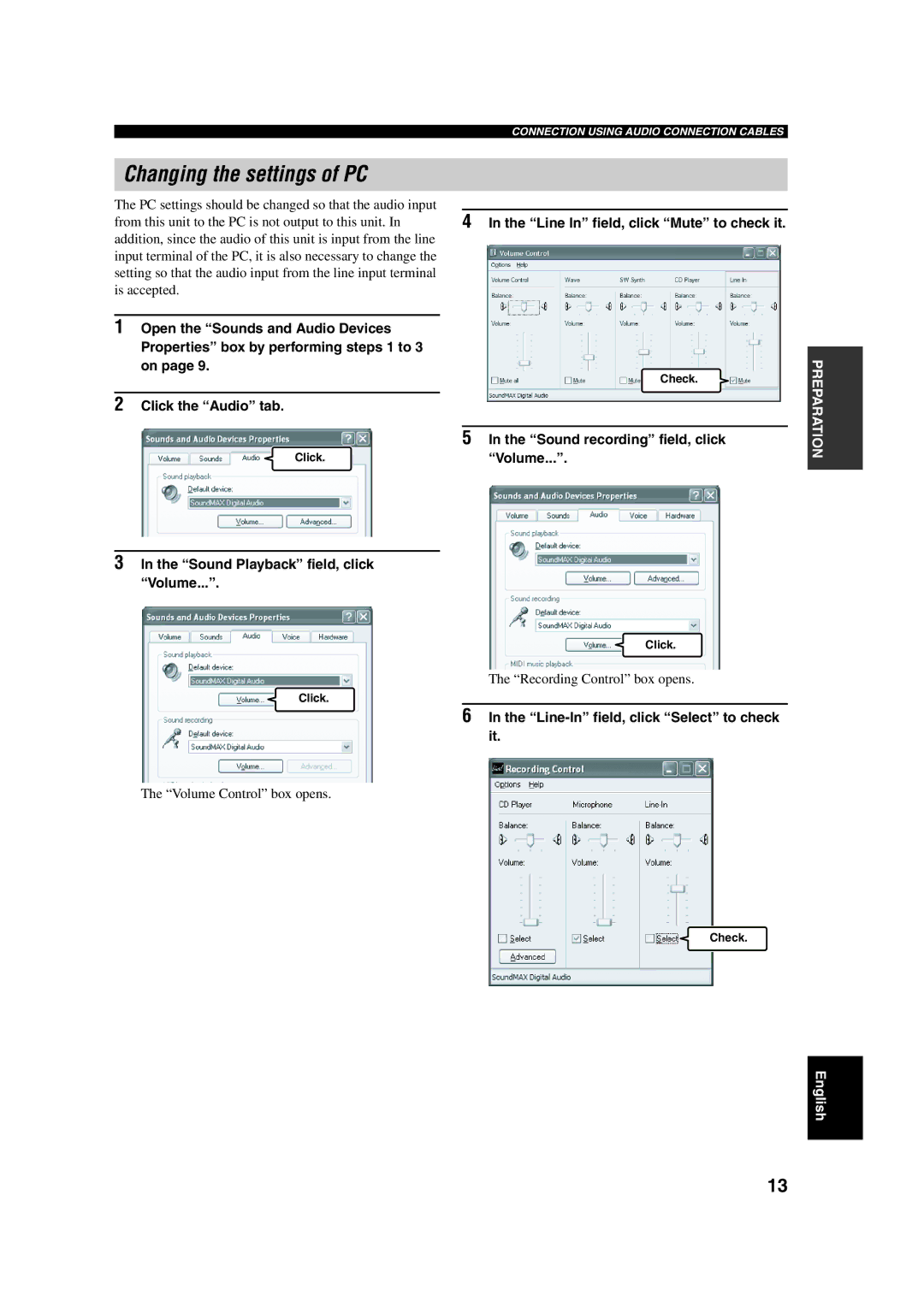 Yamaha PJP-100UH owner manual Line In field, click Mute to check it, Sound recording field, click Volume 