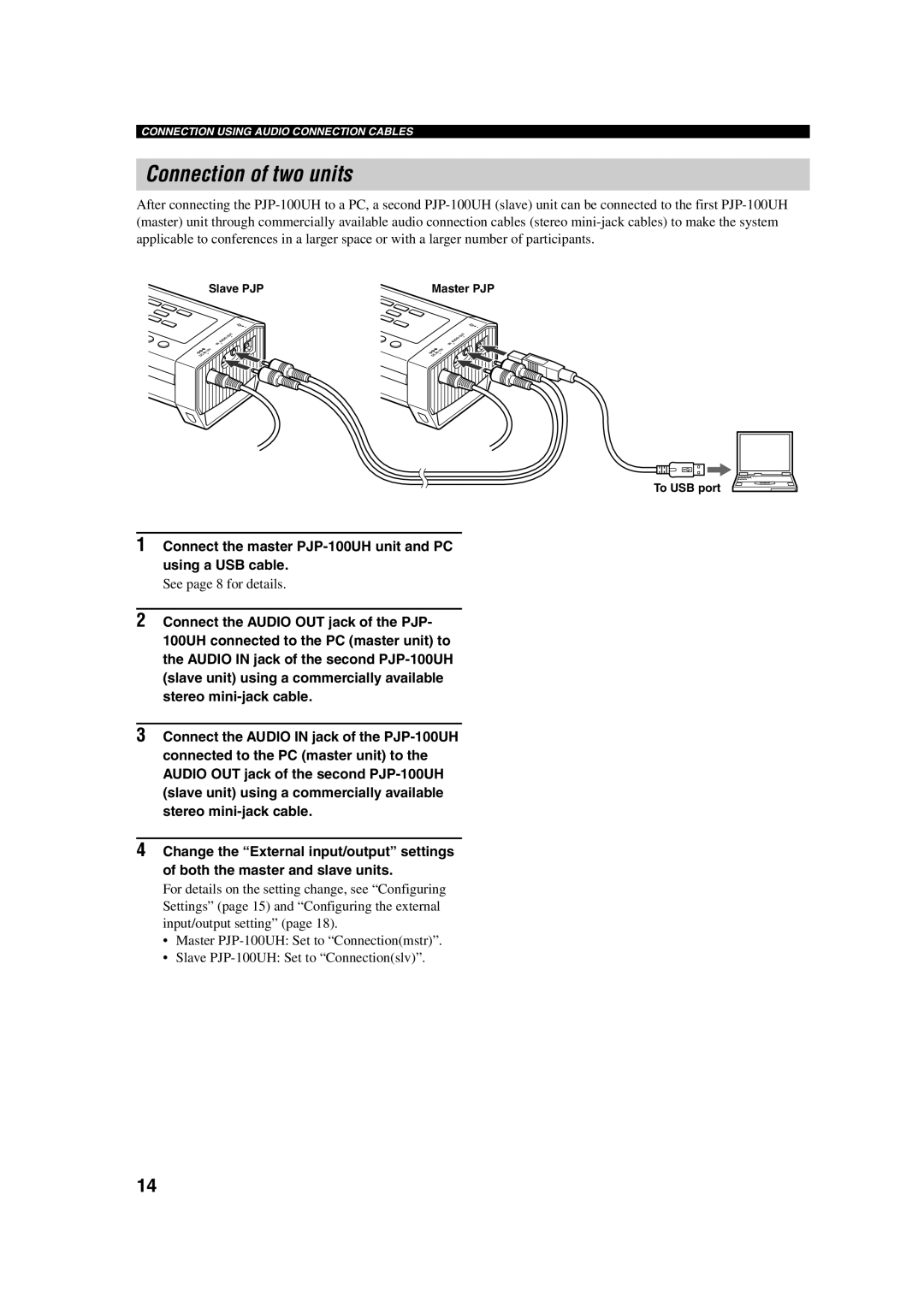 Yamaha owner manual Connection of two units, Connect the master PJP-100UH unit and PC using a USB cable 