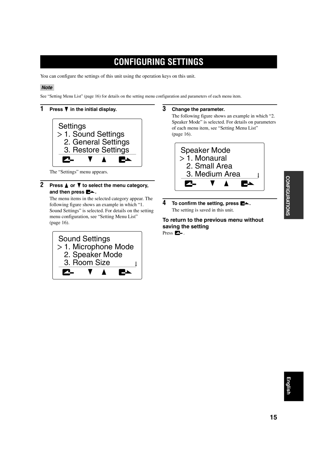 Yamaha PJP-100UH owner manual Configuring Settings, To return to the previous menu without saving the setting 