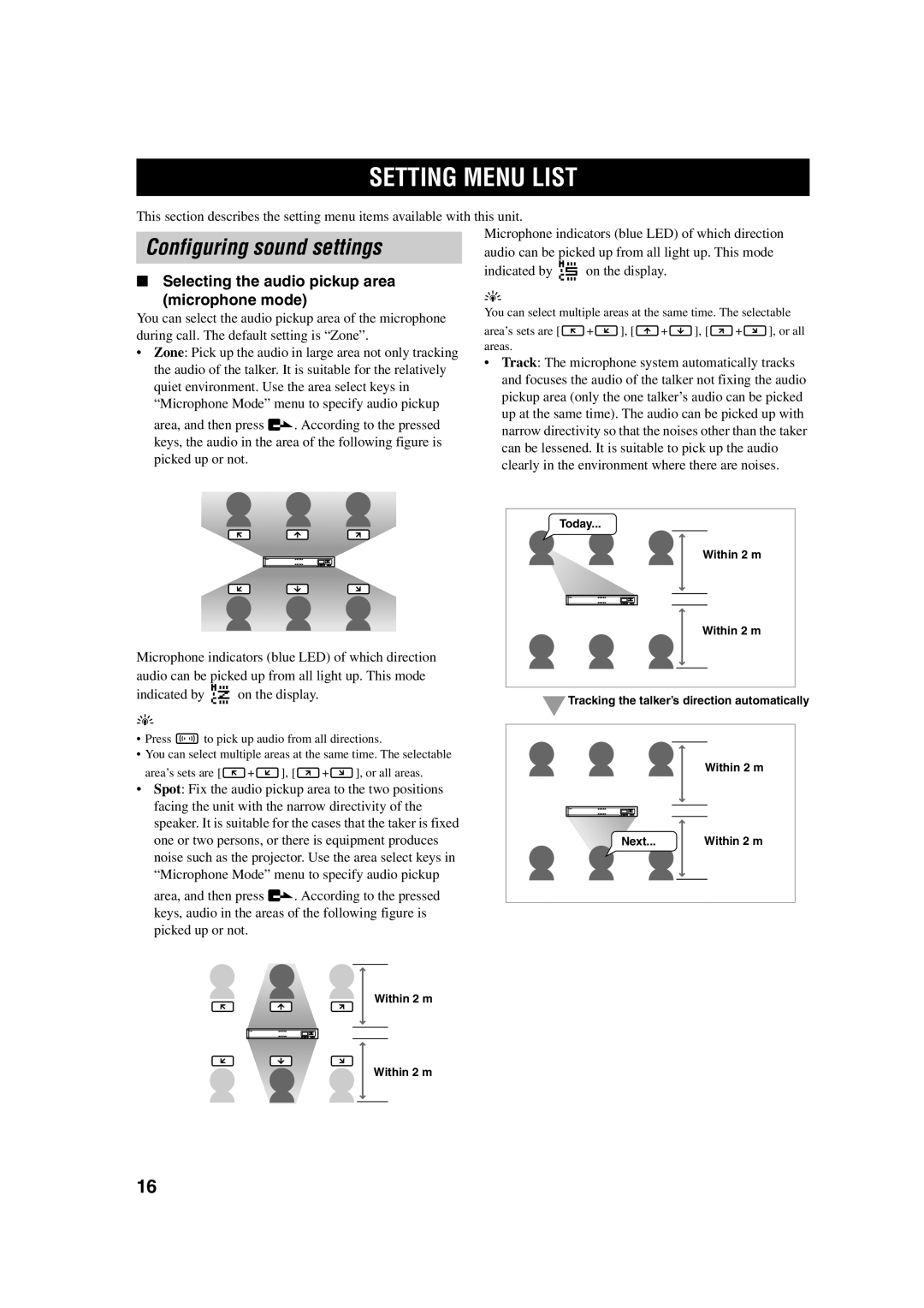 Yamaha PJP-100UH Setting Menu List, Configuring sound settings, Selecting the audio pickup area, Microphone mode 