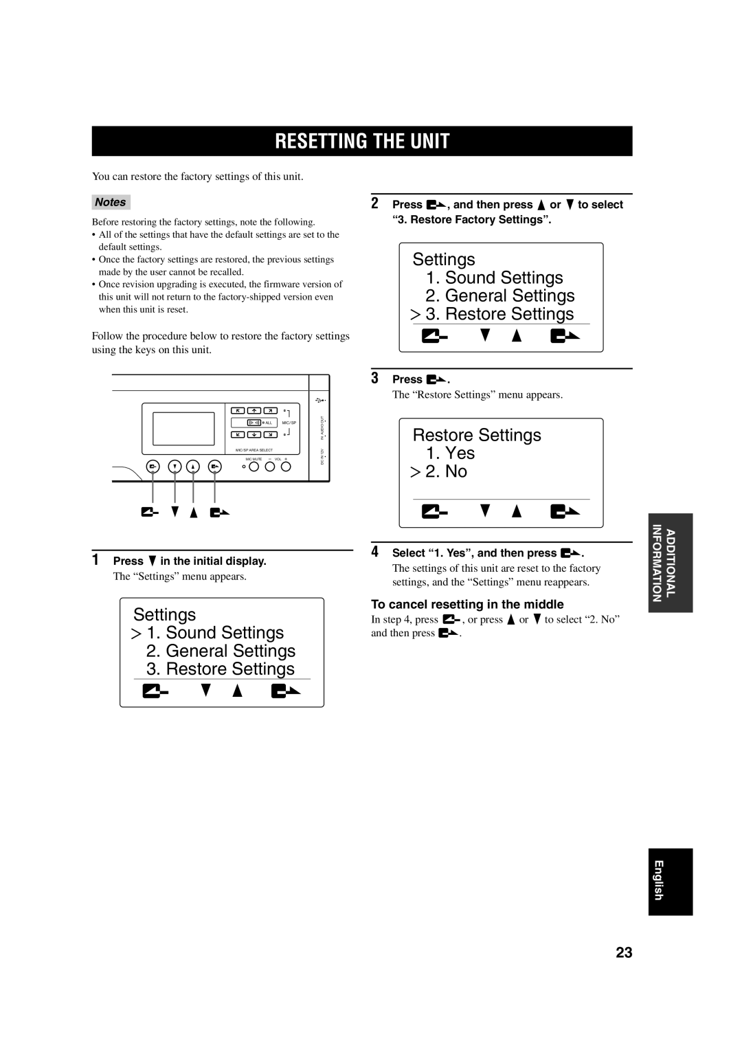 Yamaha PJP-100UH owner manual Resetting the Unit, To cancel resetting in the middle, Press 