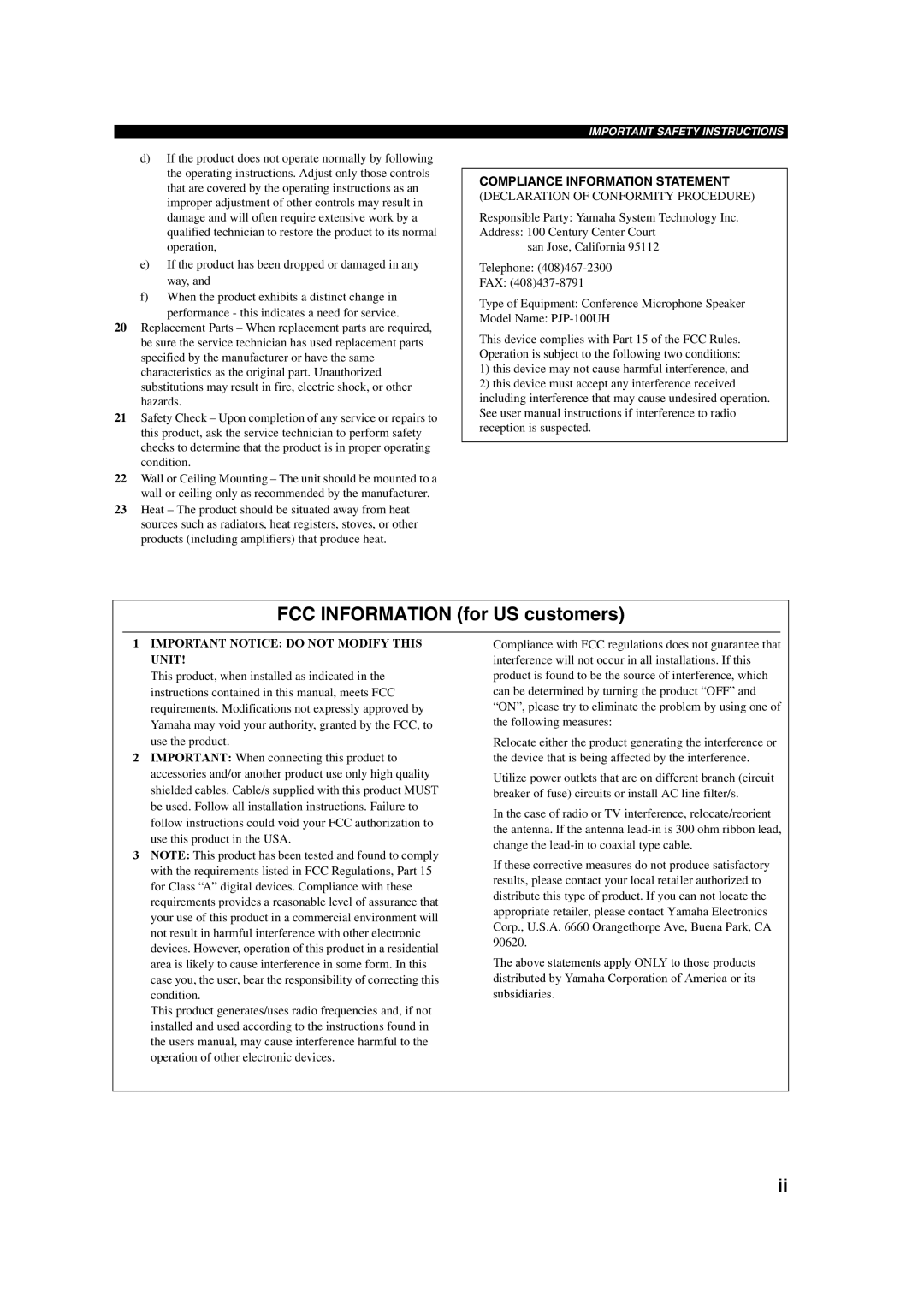 Yamaha PJP-100UH owner manual FCC Information for US customers 