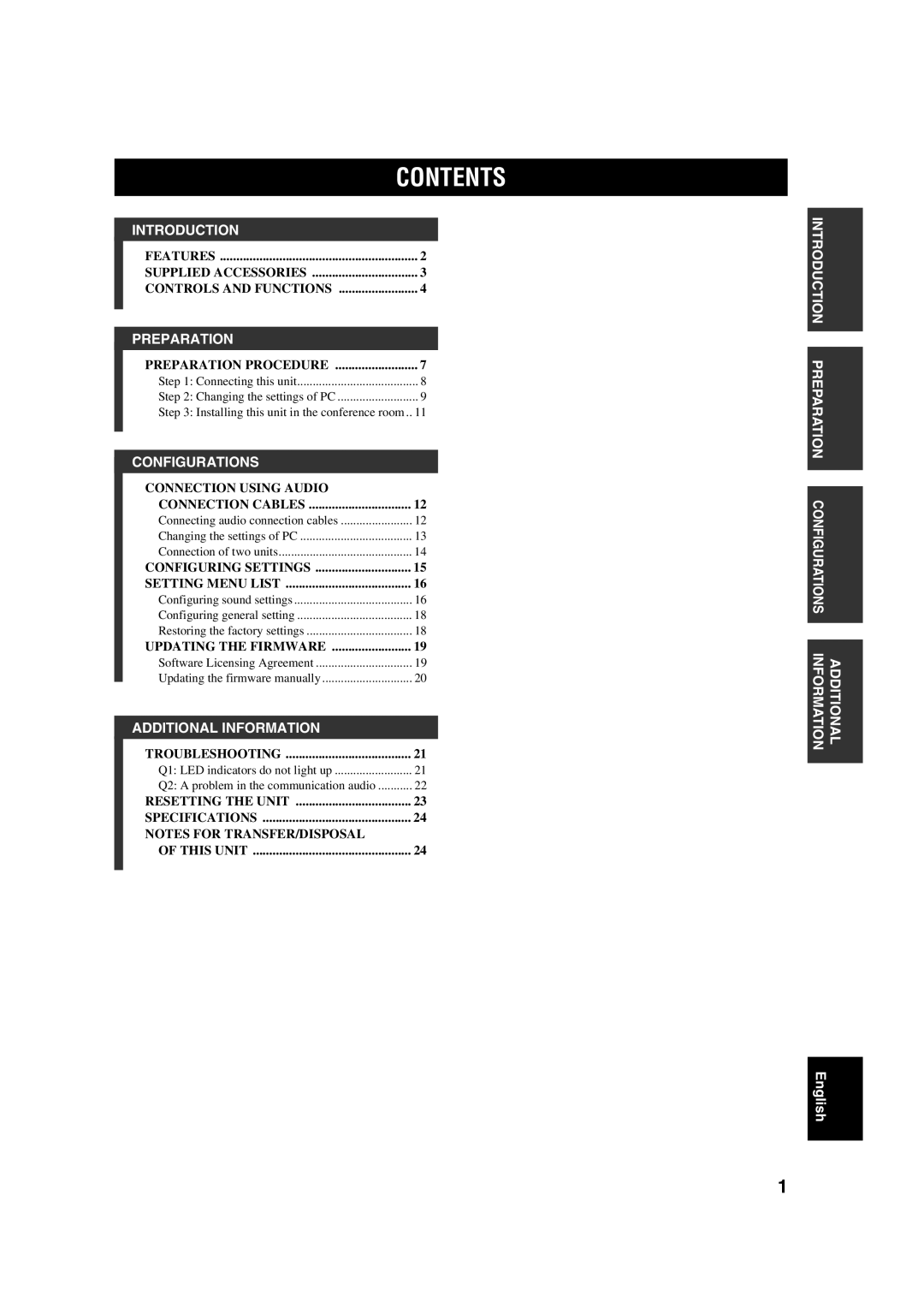 Yamaha PJP-100UH owner manual Contents 