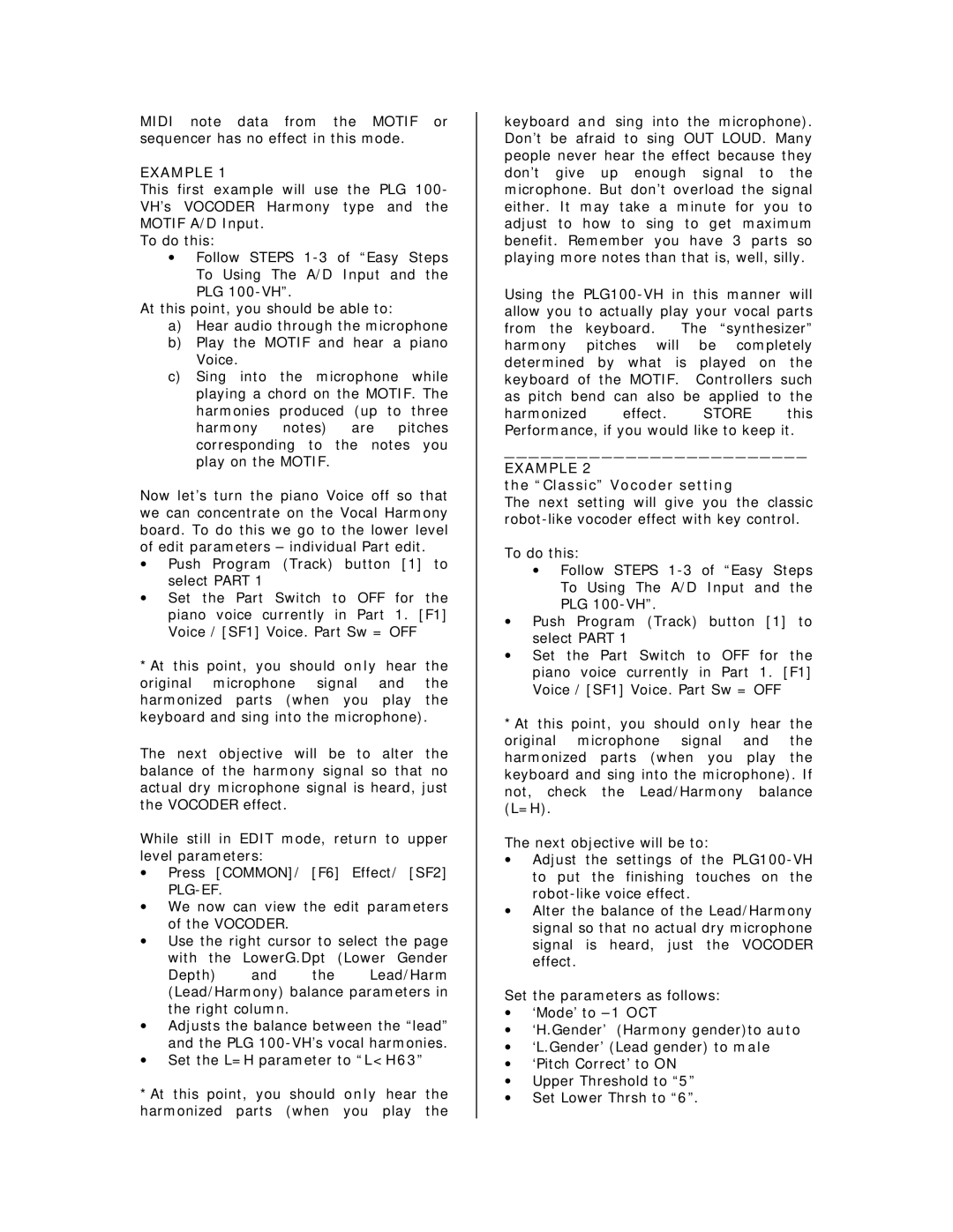 Yamaha PLG100 - VH, Motif and the Modular Synthesis Plug-In System owner manual Example, Classic Vocoder setting 