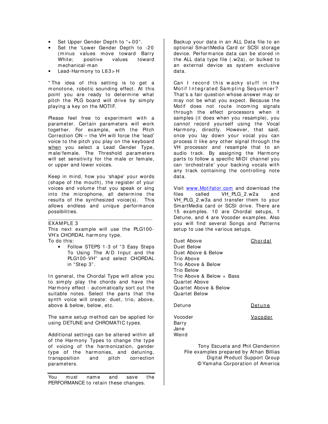 Yamaha Motif and the Modular Synthesis Plug-In System, PLG100 - VH owner manual Chordal, Detune, Vocoder 